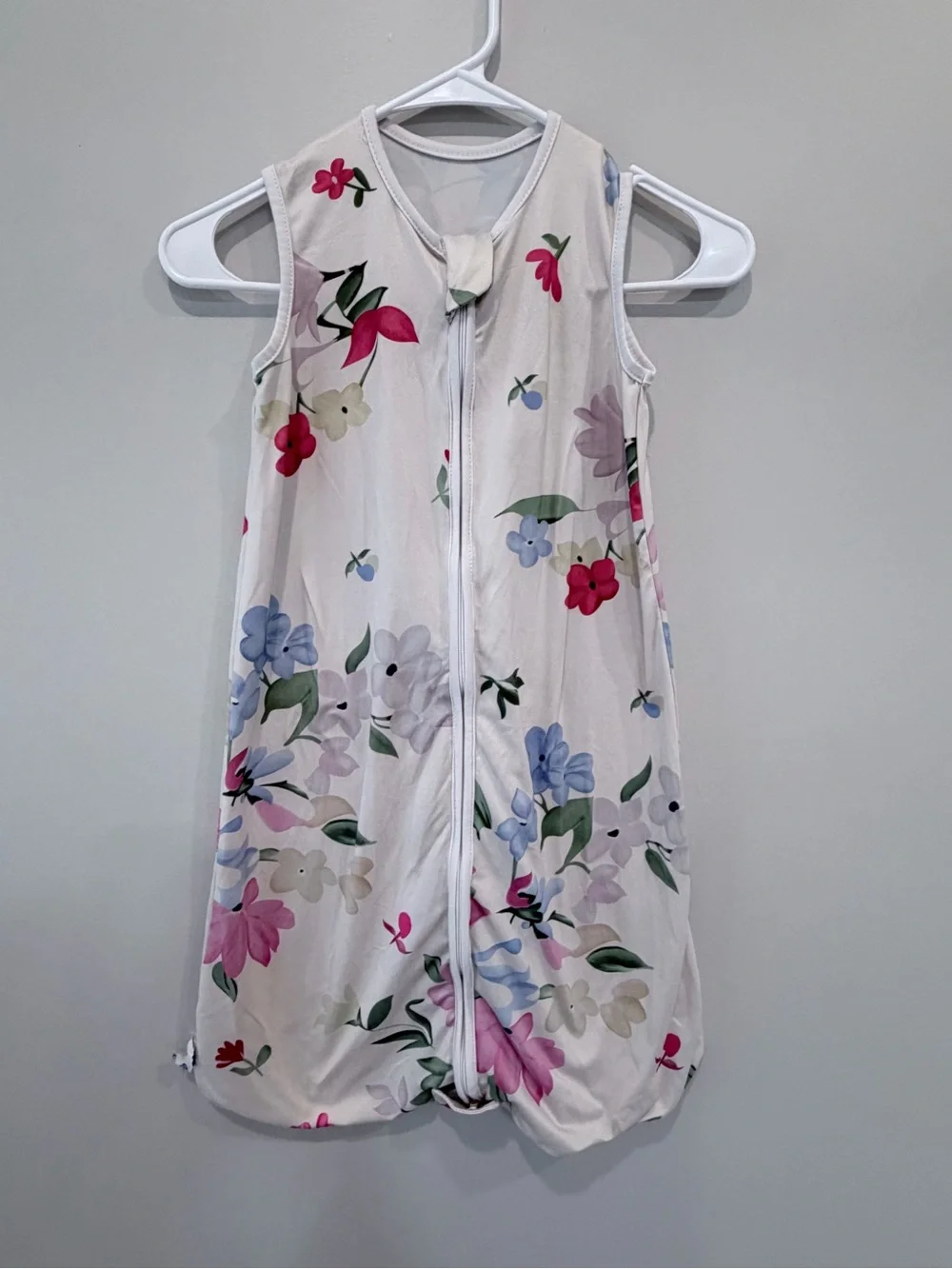 Girls' Sleeveless Floral Zip-Front Dress - White with Pink & Blue Flowers